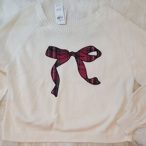 Hollister Cream Off-the-shoulder Sweater w/ Red Plaid Bow. Med. NWT